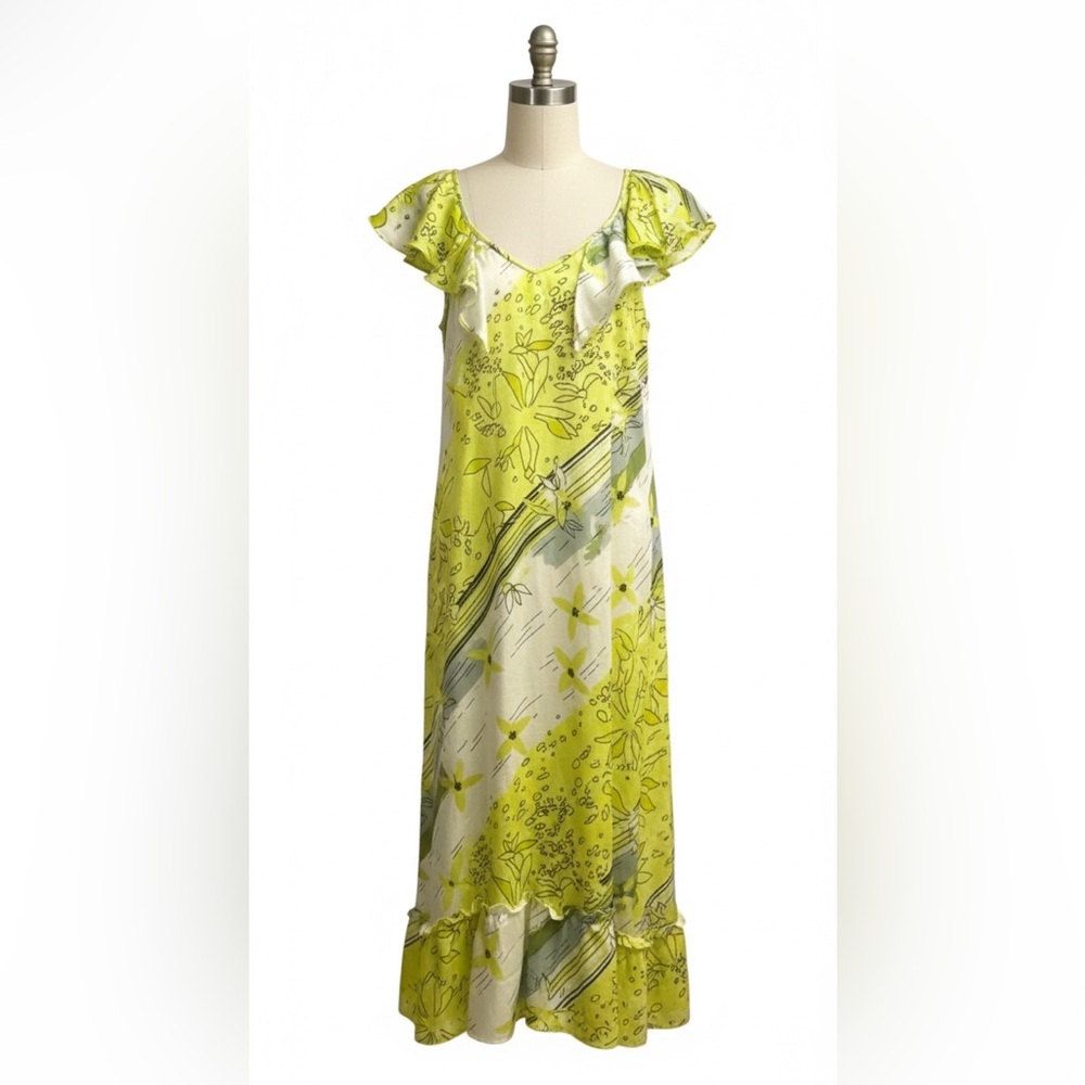 Solola Green Floral Ruffled Maxi Dress - Split Flutter Sleeves - Size 42 / Small